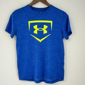 Under Armour YLG Boys HeatGear T-Shirt Blue Neon Yellow Logo Loose Fit